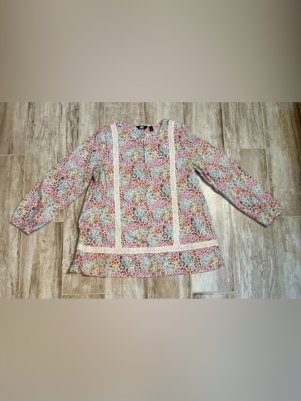 Lands End Tunic/Top Women L Floral Print w/ Eyelet Ribbon Accents 100% Cotton